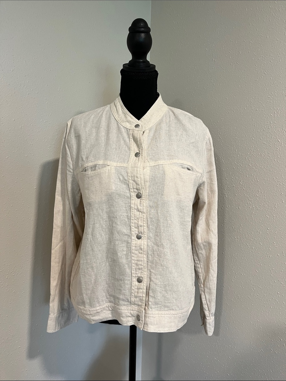 Linen Blend Christopher & Banks Light Cream Button Snap Shirt-Layering